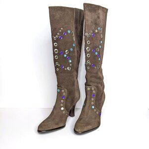 Gianni Bini Suede Rhinestone Butterfly Boots Size 5.5 Tall Brown Embellished
